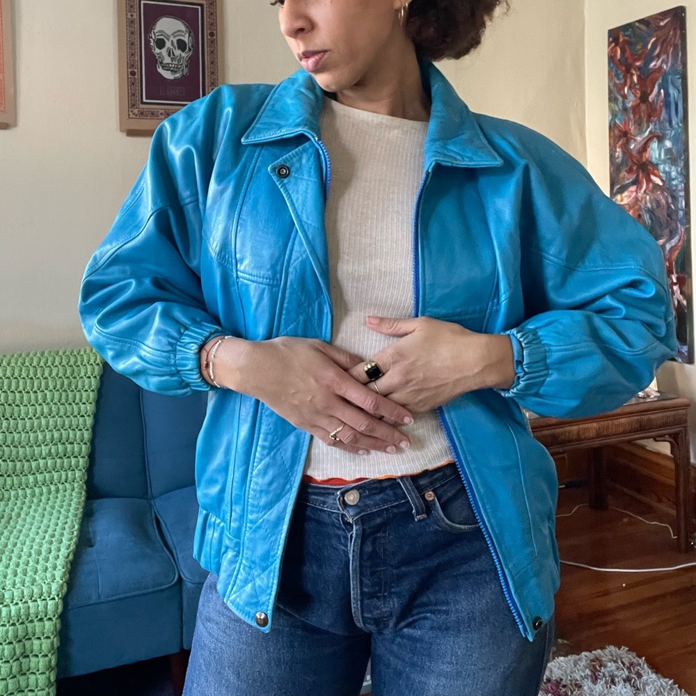 Vintage Aqua Blue Leather Jacket- XS Petite